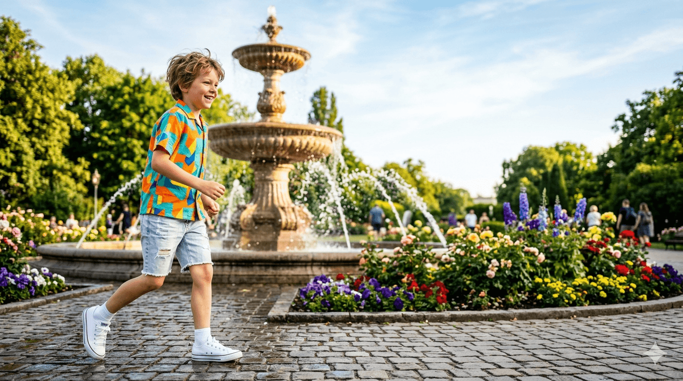 Coleção Primavera / Verão — criança com bermuda jeans em dia ensolarado