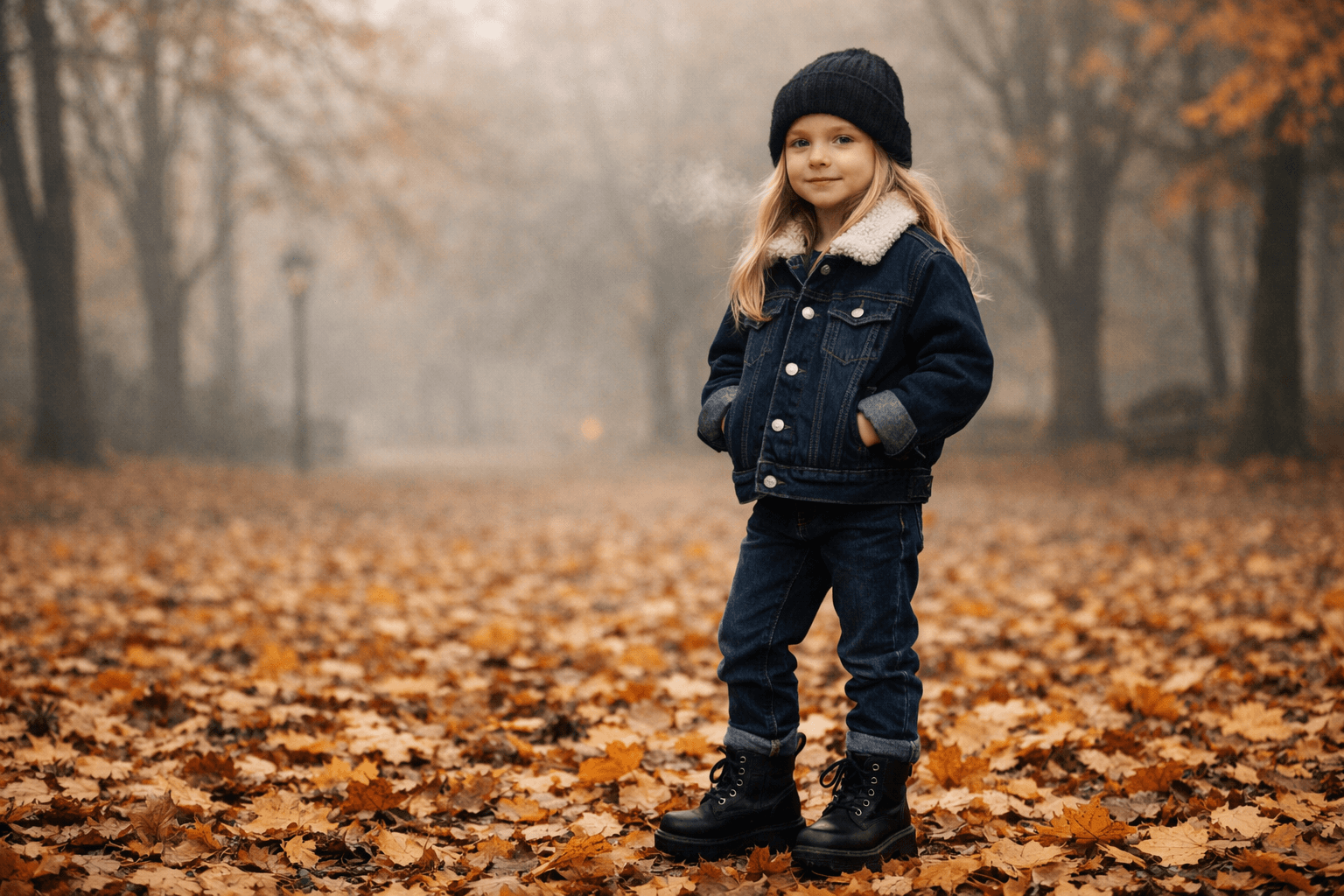 Coleção Outono / Inverno — criança com jaqueta jeans em cenário de outono